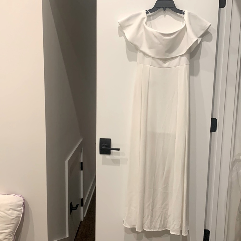 Off the shoulder, white maxi dress